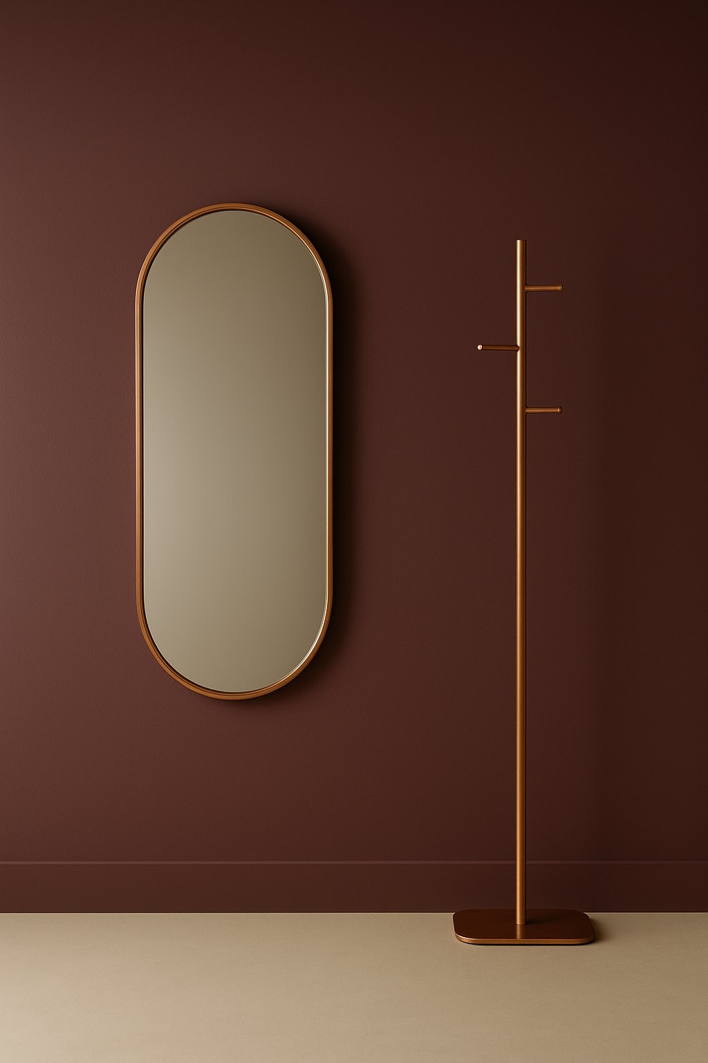 Oval wall mirror and slim coat rack arranged in a British hallway