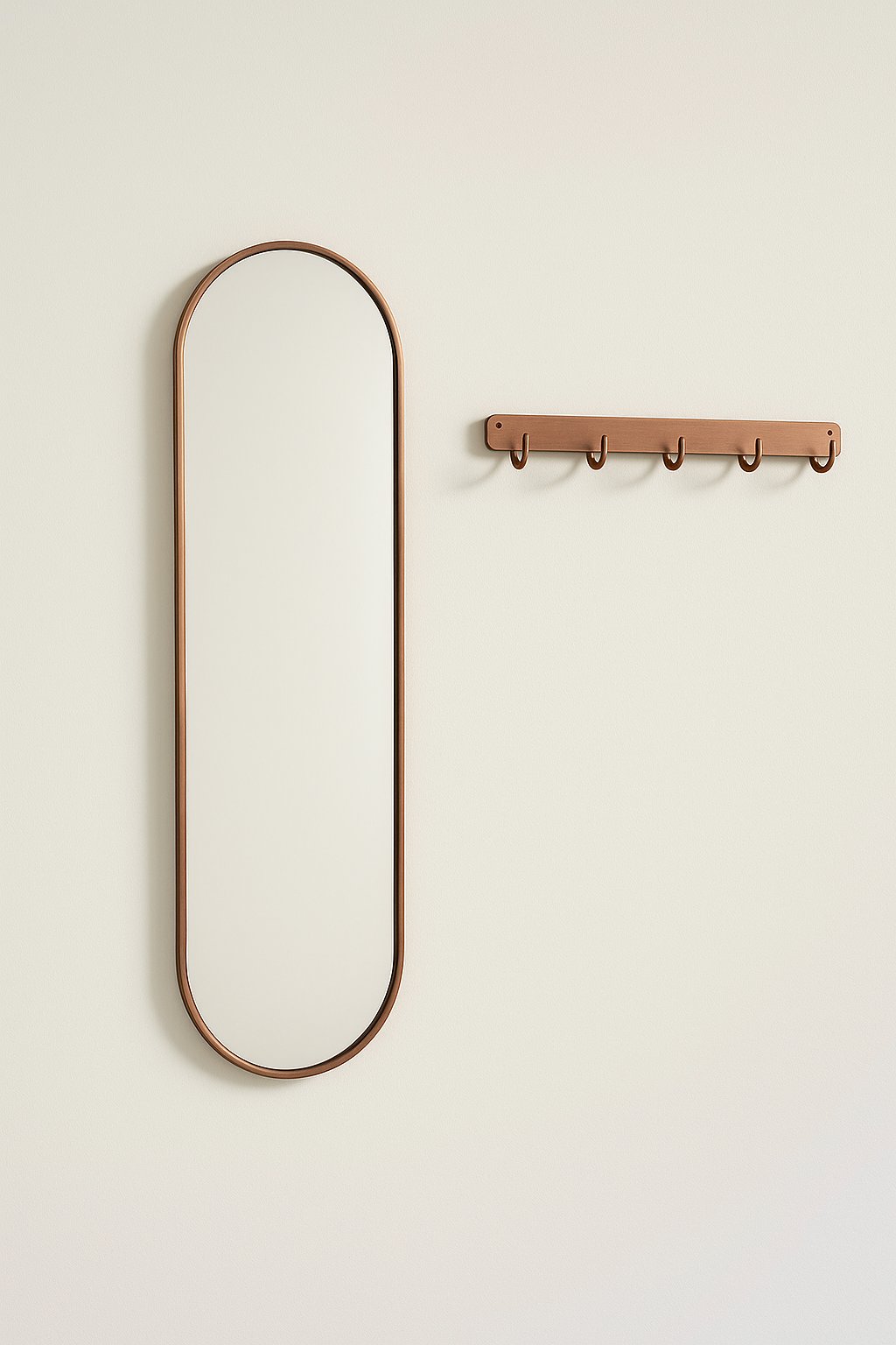 Mirror frame and linear hook rail shown together at room scale