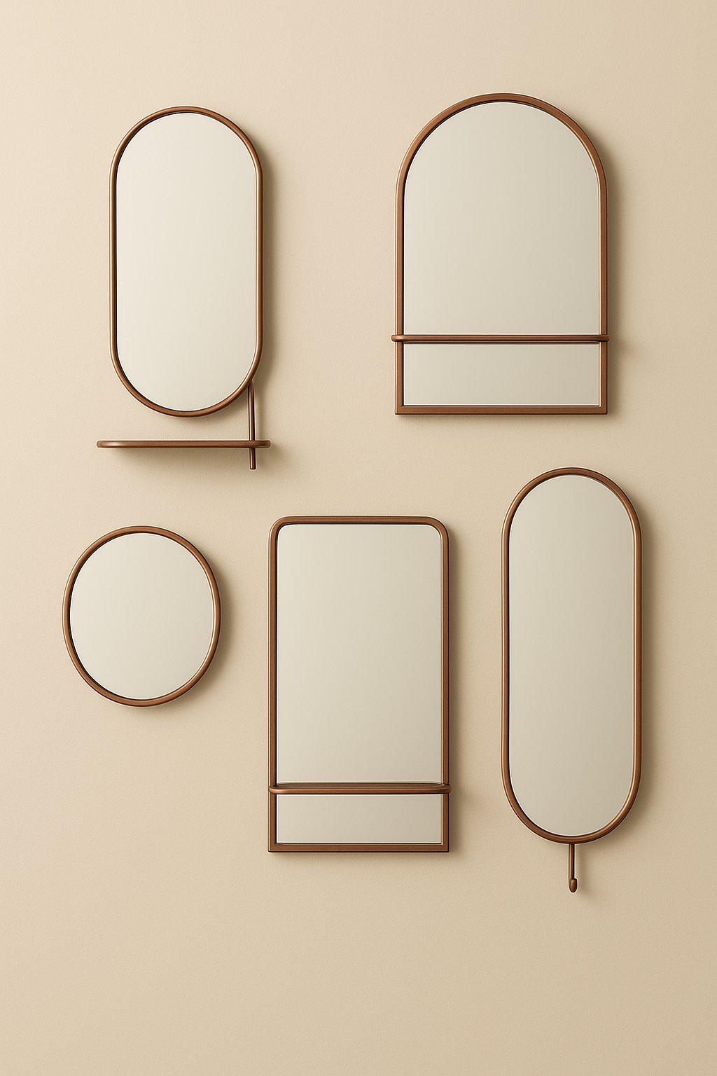 Five wall mirror silhouettes arranged as a catalogue lineup